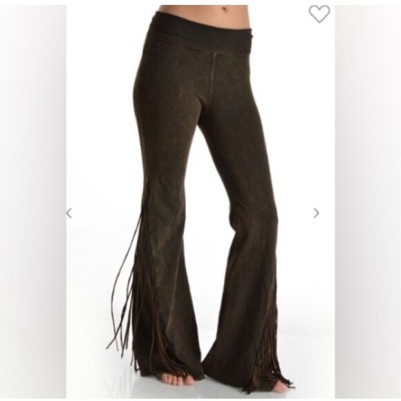 T Party Fringe Flare Leg Mineral Wash Yoga Pants Fold Waist - Picture 1 of 9